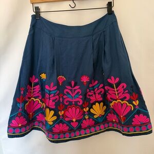 Boden A-Line Skirt - Blue with Pink and Yellow Embroidery